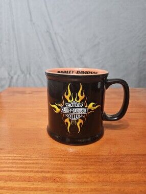 Vintage 2000 Harley Davidson Motorcycles Coffee Mug Cup Fire Black Orange